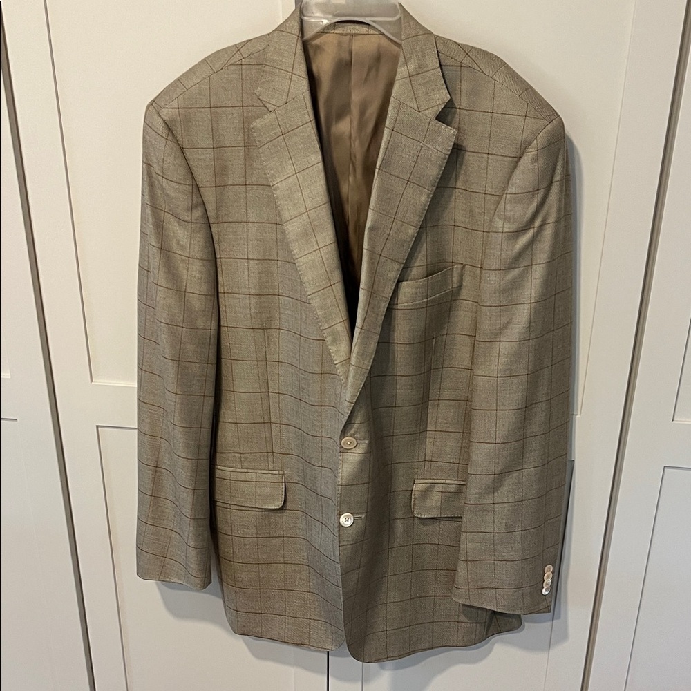 Peter Millar Tan Windowpane Sport Coat Silk Wool 44 T